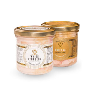 White and Russian sturgeon fillet in olive oil – 2 glass jars